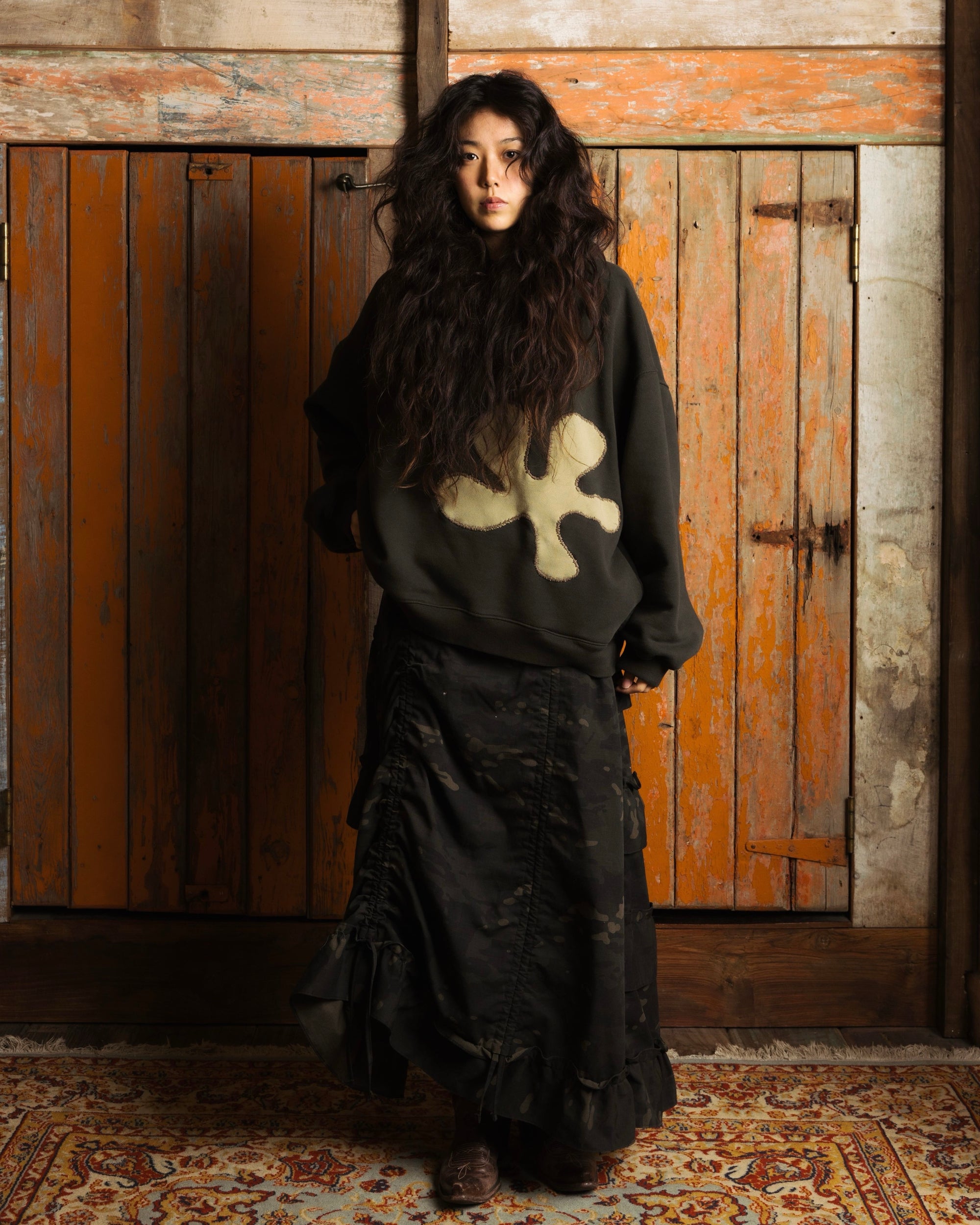 Oversized Front-Appliqué Hoodie (Olive x Pistachio)